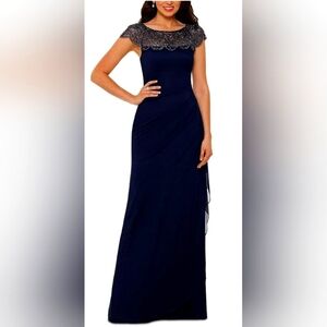 Xscape Embellished Navy Blue Cap Sleeve  Neckline Gown Size 10 NEW